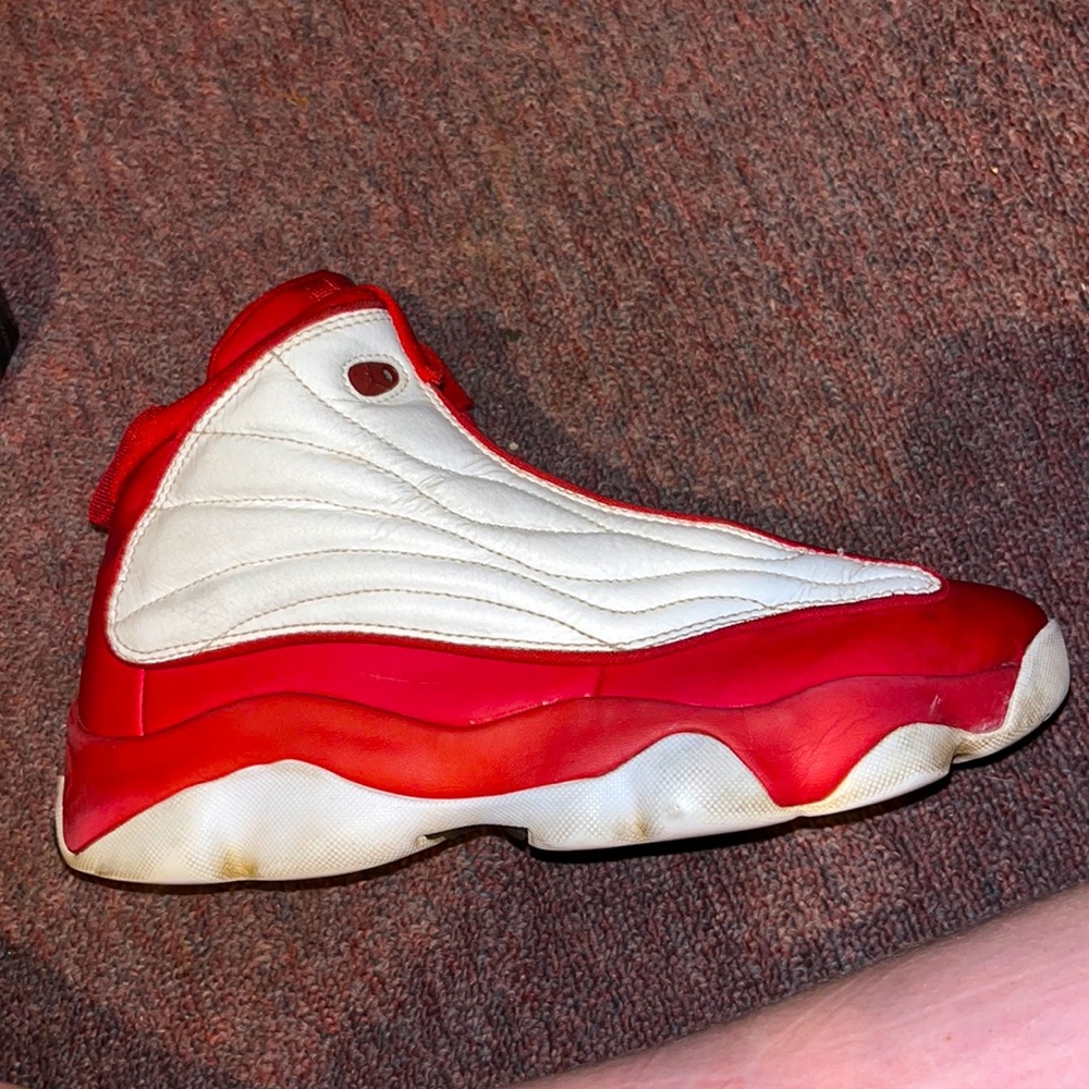 Jordan pro strong, gym red and white lightly creased, clean, comfortable.